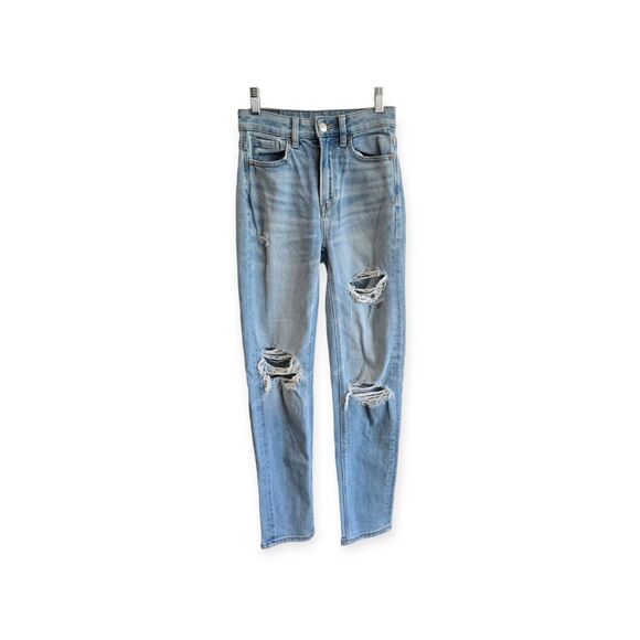 American Eagle Straight Jeans Light Wash Distressed Stretch High Rise Size 000 - Picture 1 of 6